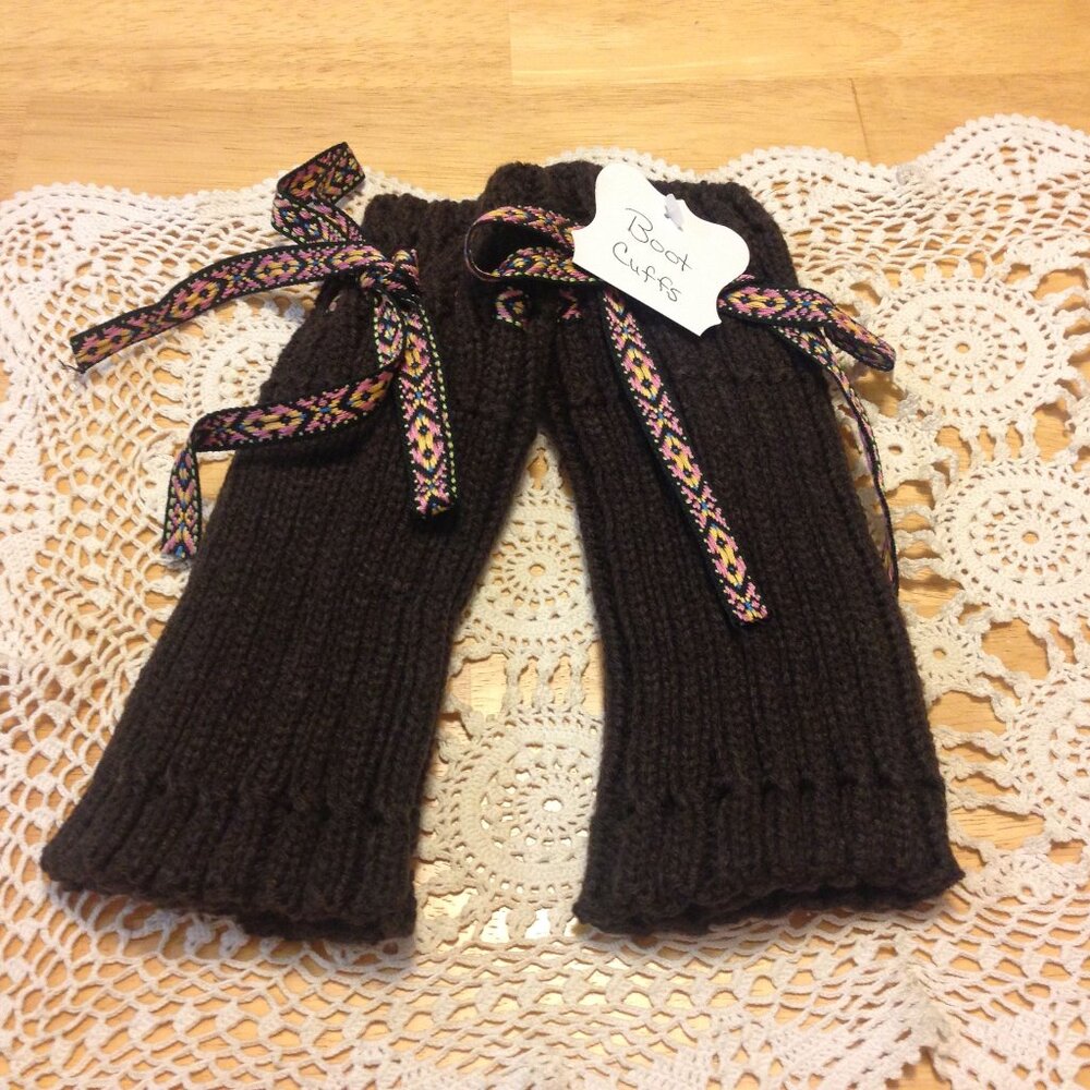 Boot Cuffs, knit with tie top, 8" total length